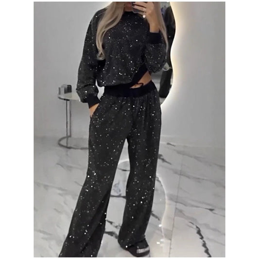 Sequined Loose Fit Top and Wide Leg Pants Two-Piece Set | Effortless Glam