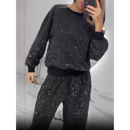 Sequined Loose Fit Top and Wide Leg Pants Two-Piece Set | Effortless Glam