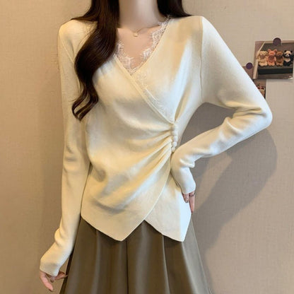 Women's Elegant Lace-Trim V-Neck Top | Elegant & Everyday