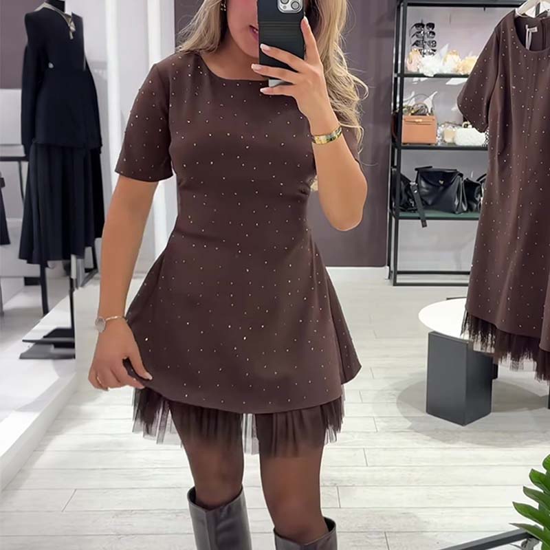 Women’s Sparkling Lace Trim Short-Sleeve Mini Dress | Elegant & Shimmering