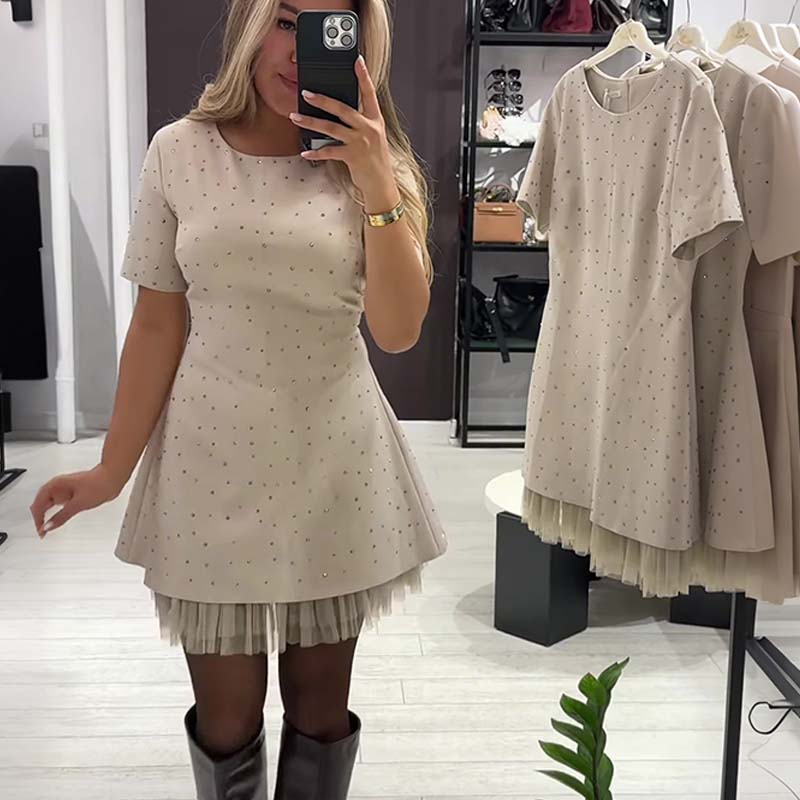 Women’s Sparkling Lace Trim Short-Sleeve Mini Dress | Elegant & Shimmering