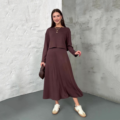 📢📢60 % OFF !!💫Women's Long Sleeve Crop Tops & Sleeveless Dress 2-Piece Set