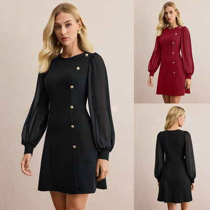 Elegant Long Sleeve Dress with Asymmetrical Button Detail