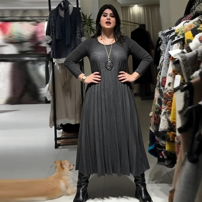 Women's Long Sleeve Pleated Maxi Dress