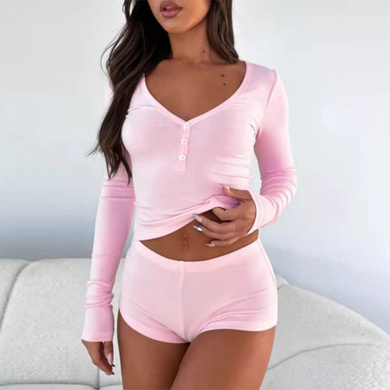 Women's Ribbed Button Crop Tops & Shorts 2-Piece Set
