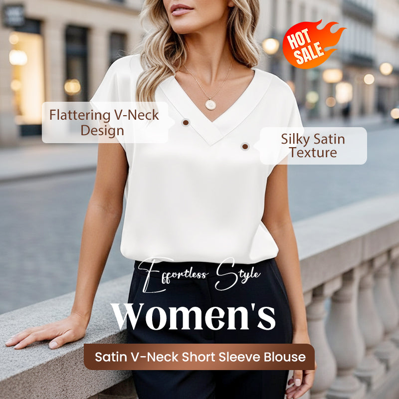 Women's Satin V-Neck Short Sleeve Blouse