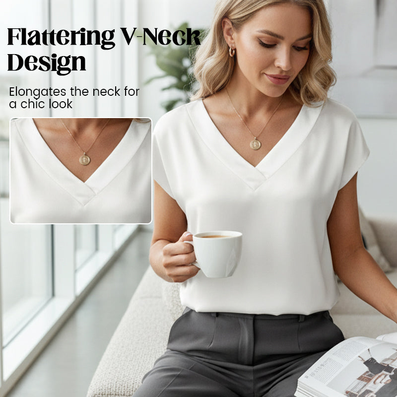 Women's Satin V-Neck Short Sleeve Blouse