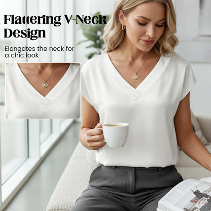 Women's Satin V-Neck Short Sleeve Blouse