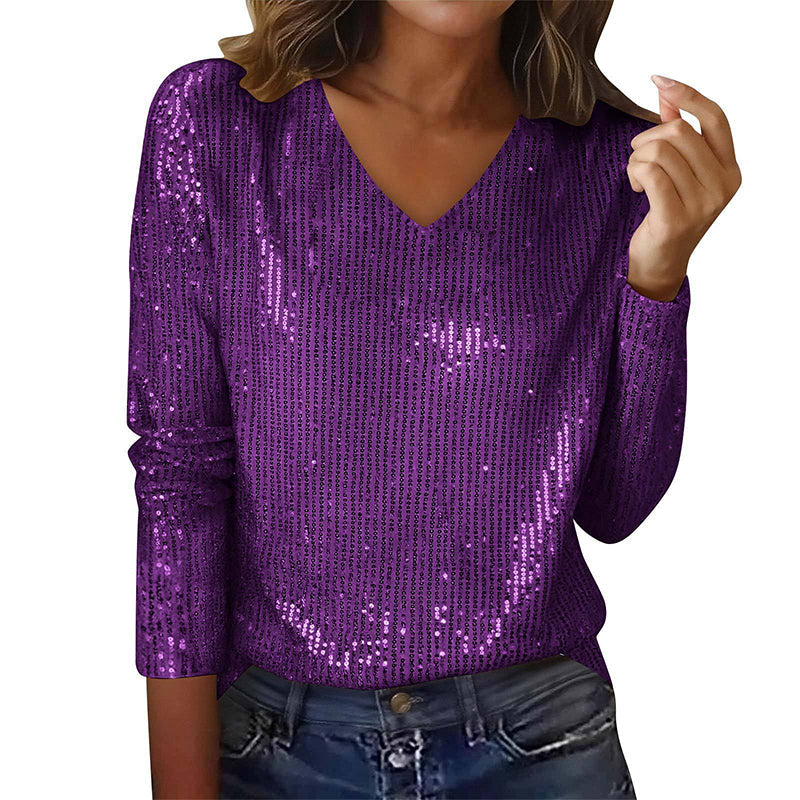 Women's Long Sleeve Sequin V-Neck Top