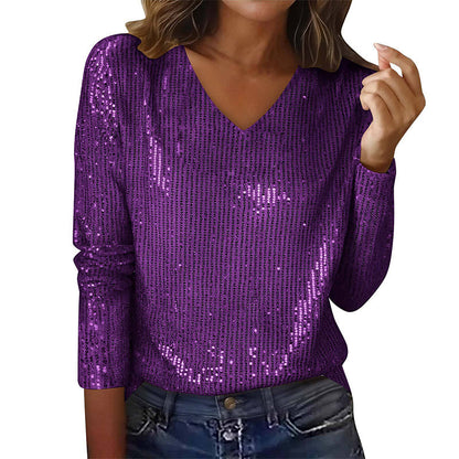 Women's Long Sleeve Sequin V-Neck Top