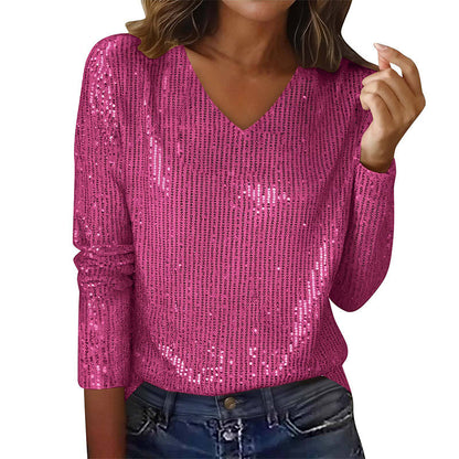 Women's Long Sleeve Sequin V-Neck Top
