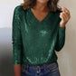 Women's Long Sleeve Sequin V-Neck Top