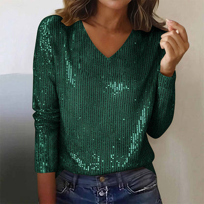 Women's Long Sleeve Sequin V-Neck Top