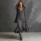 Women's Zipper Lapel Flare Sleeve Knit Fishtail Dress