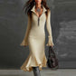 Women's Zipper Lapel Flare Sleeve Knit Fishtail Dress