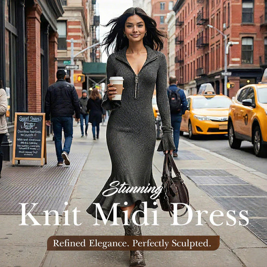 Women's Zipper Lapel Flare Sleeve Knit Fishtail Dress