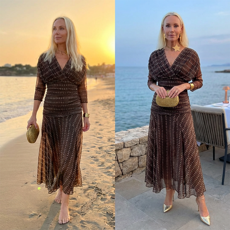 Bohemian V-Neck Ruched Mesh Maxi Dress👗