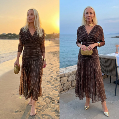 Bohemian V-Neck Ruched Mesh Maxi Dress👗