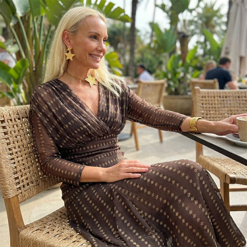Bohemian V-Neck Ruched Mesh Maxi Dress👗