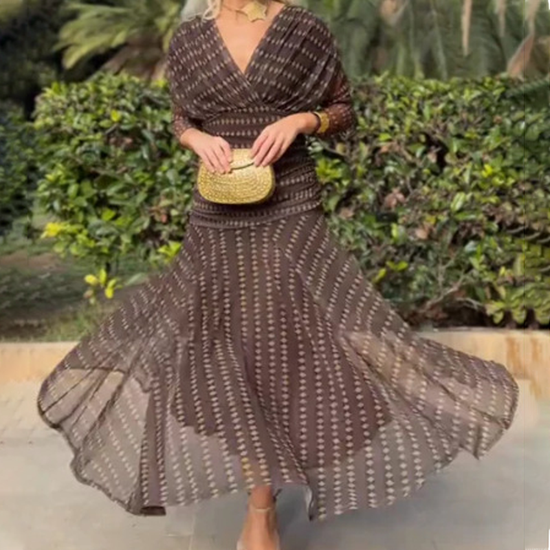 Bohemian V-Neck Ruched Mesh Maxi Dress👗