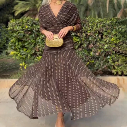 Bohemian V-Neck Ruched Mesh Maxi Dress👗
