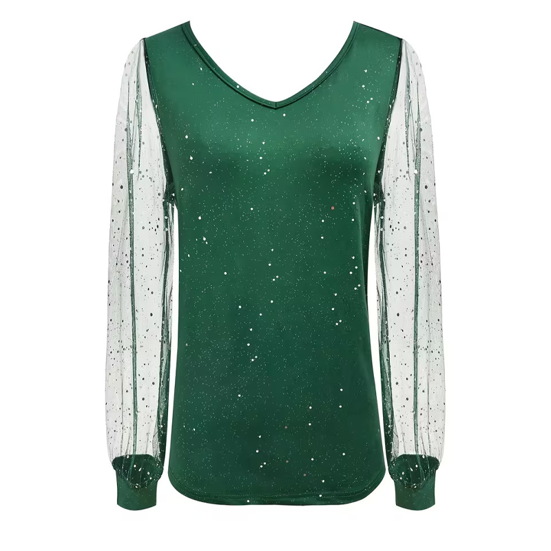 Women's Sparkle V-Neck Sheer Sleeve Top