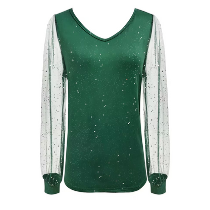 Women's Sparkle V-Neck Sheer Sleeve Top