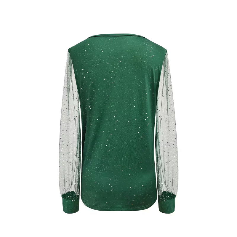 Women's Sparkle V-Neck Sheer Sleeve Top