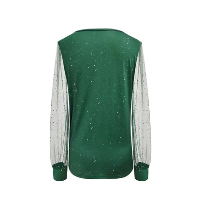 Women's Sparkle V-Neck Sheer Sleeve Top