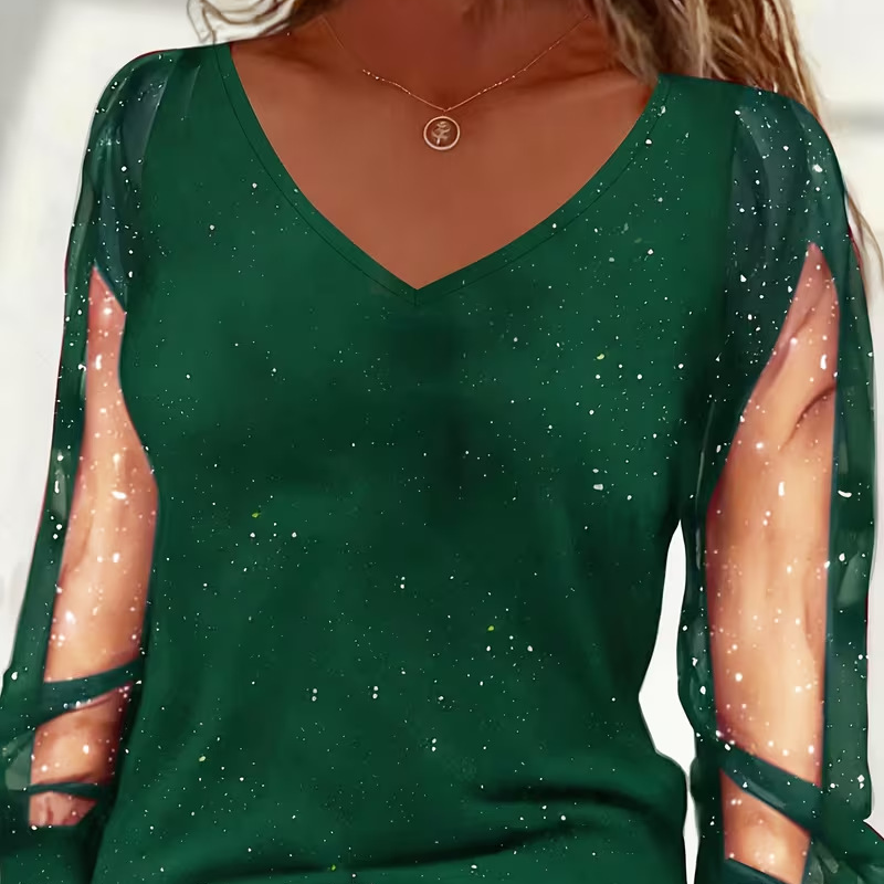Women's Sparkle V-Neck Sheer Sleeve Top
