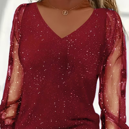 Women's Sparkle V-Neck Sheer Sleeve Top
