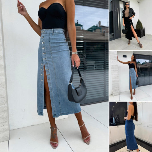 🔥New arrivals offer-Stylish Button Closure Split Denim Bodycon Skirt
