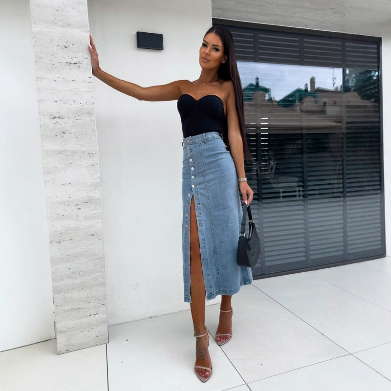 🔥New arrivals offer-Stylish Button Closure Split Denim Bodycon Skirt