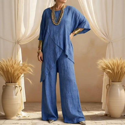 Women's Two-Piece Loose Fit Outfit with Asymmetrical Top