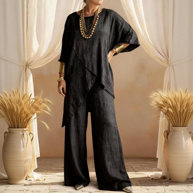 Women's Two-Piece Loose Fit Outfit with Asymmetrical Top