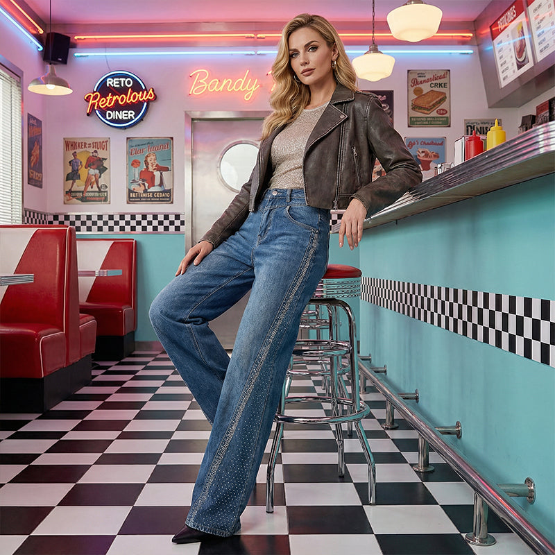 Women's Rhinestone-Embellished Wide-Leg Jeans