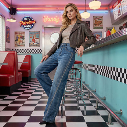 Women's Rhinestone-Embellished Wide-Leg Jeans
