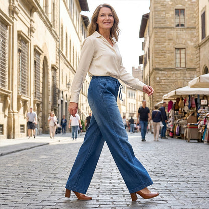 Women's Drawstring Waist Wide-Leg Denim Jeans