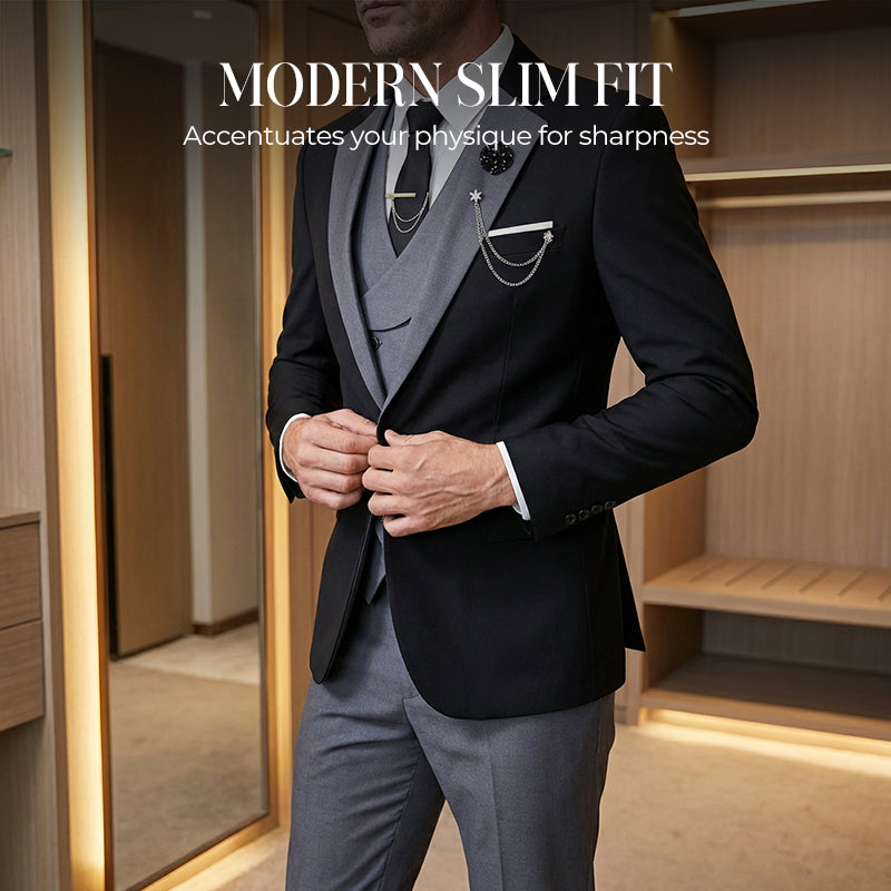 💎50% OFF 💎 Modern Contrast Color Wedding Suit – 3-Piece Slim-Fit Set in Bold Black & Light Blue (8 Colors!) 👔✨