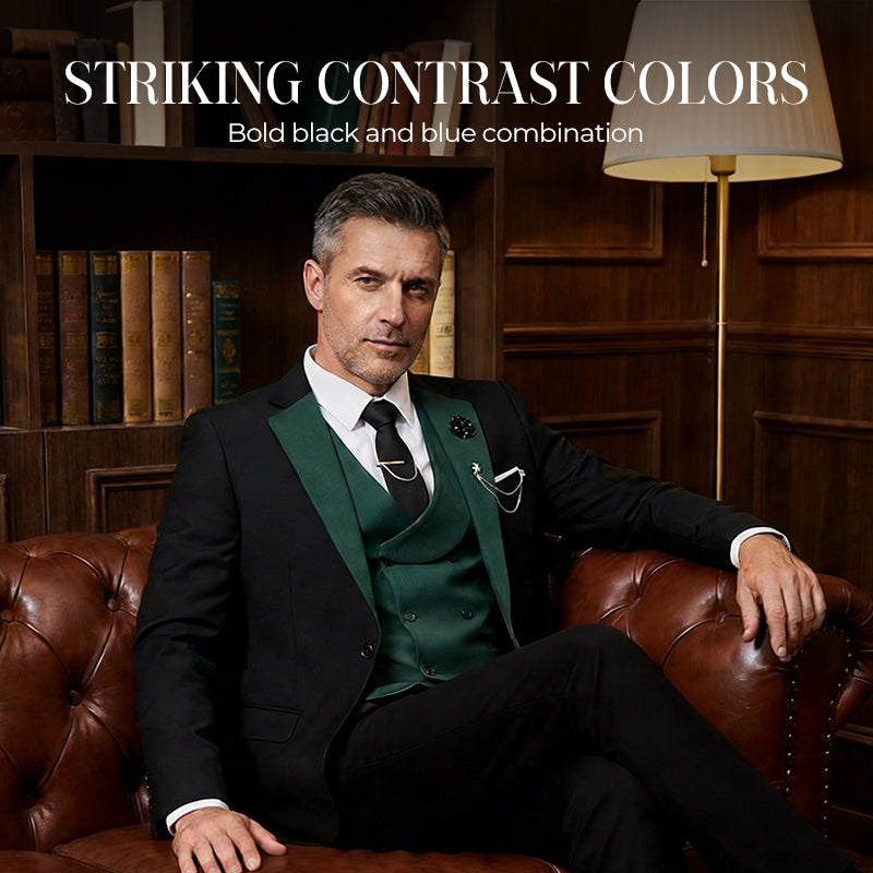 💎50% OFF 💎 Modern Contrast Color Wedding Suit – 3-Piece Slim-Fit Set in Bold Black & Light Blue (8 Colors!) 👔✨