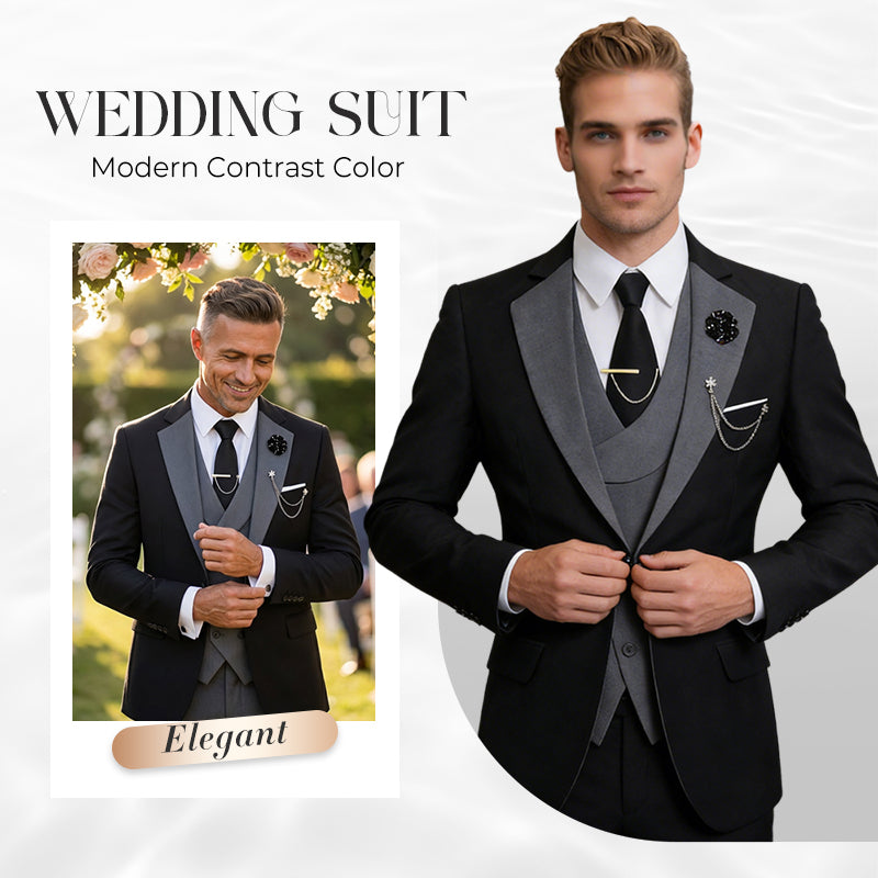 💎50% OFF 💎 Modern Contrast Color Wedding Suit – 3-Piece Slim-Fit Set in Bold Black & Light Blue (8 Colors!) 👔✨