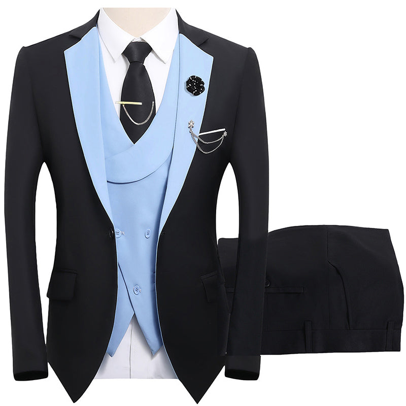 💎50% OFF 💎 Modern Contrast Color Wedding Suit – 3-Piece Slim-Fit Set in Bold Black & Light Blue (8 Colors!) 👔✨