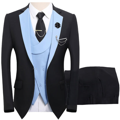 💎50% OFF 💎 Modern Contrast Color Wedding Suit – 3-Piece Slim-Fit Set in Bold Black & Light Blue (8 Colors!) 👔✨