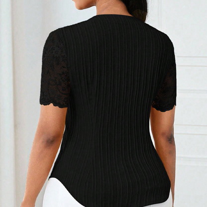 Women's V-Neck Lace Sleeve Button Down Summer Blouse