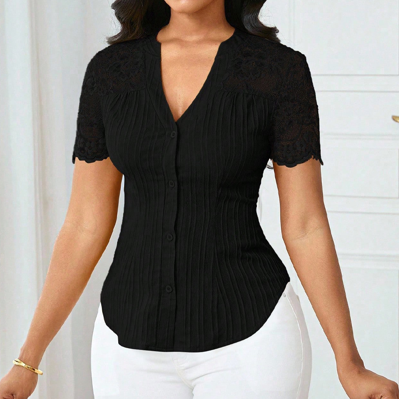Women's V-Neck Lace Sleeve Button Down Summer Blouse