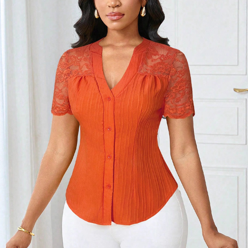 Women's V-Neck Lace Sleeve Button Down Summer Blouse