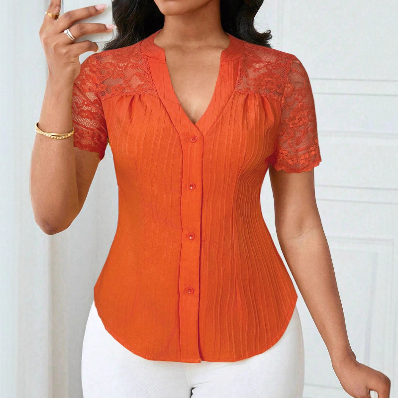 Women's V-Neck Lace Sleeve Button Down Summer Blouse