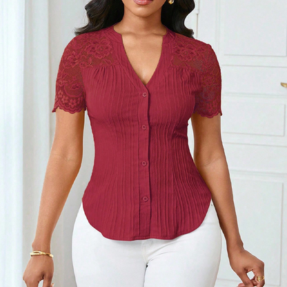 Women's V-Neck Lace Sleeve Button Down Summer Blouse