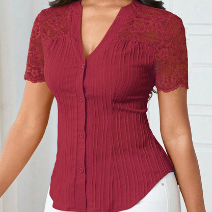 Women's V-Neck Lace Sleeve Button Down Summer Blouse