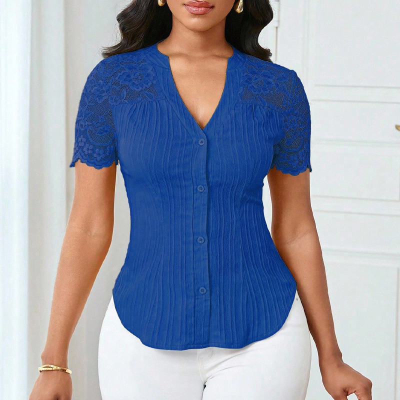 Women's V-Neck Lace Sleeve Button Down Summer Blouse
